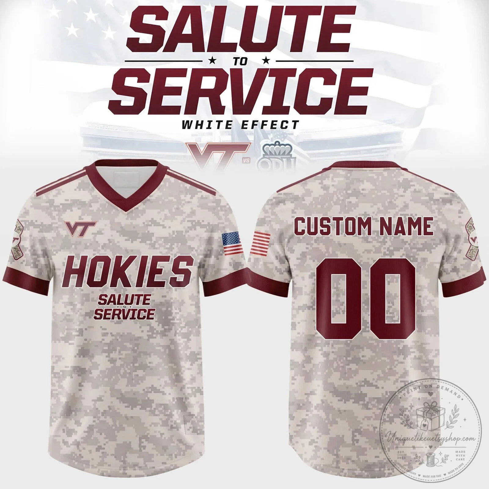 Custom White Effect Football Jersey for Virginia Tech Hokies Salute To Service