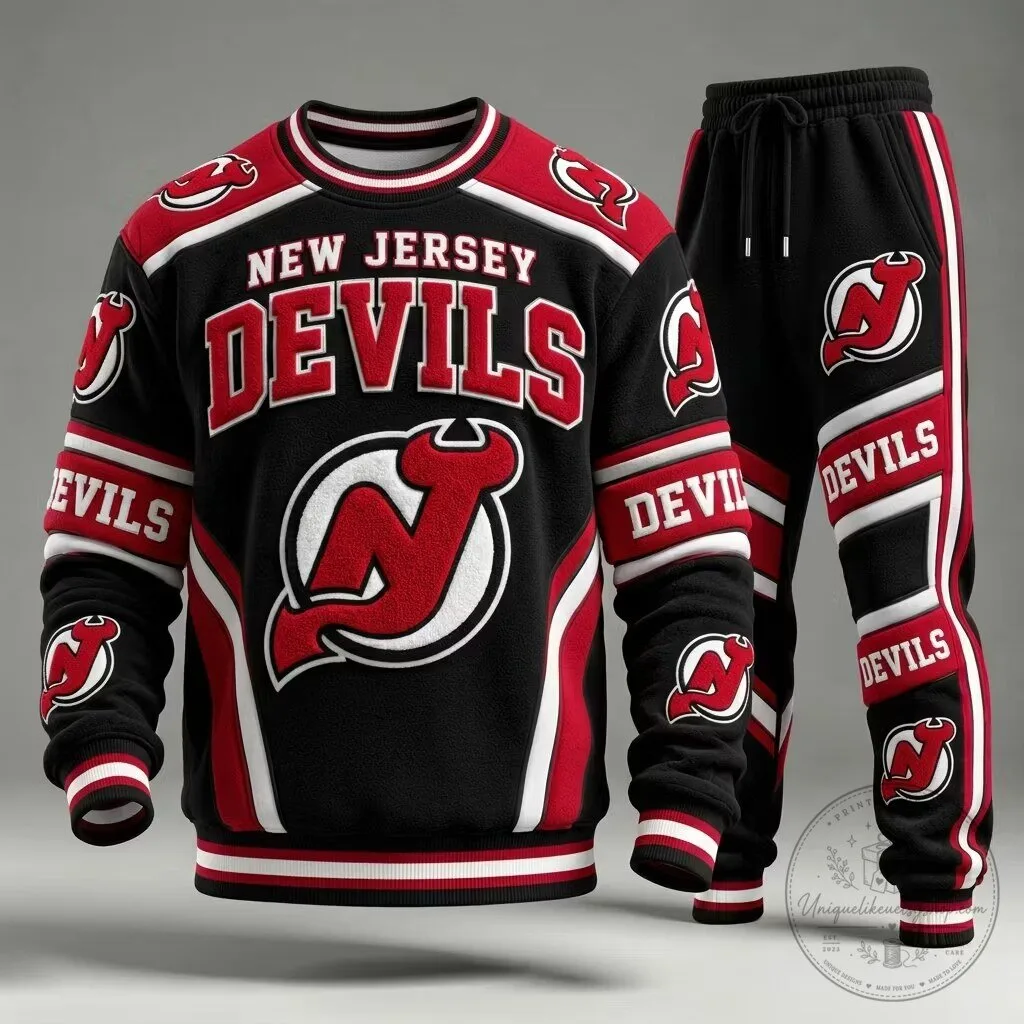 New Jersey Devils Hockey Team Logo Black and Red Striped Sweatshirt