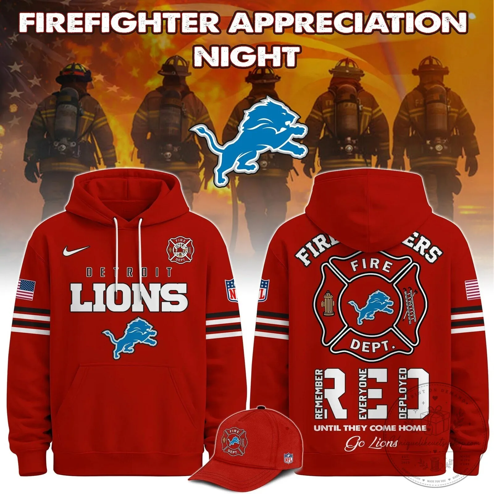 Red Hoodie for Firefighter Appreciation Night with Detroit Lions Logo