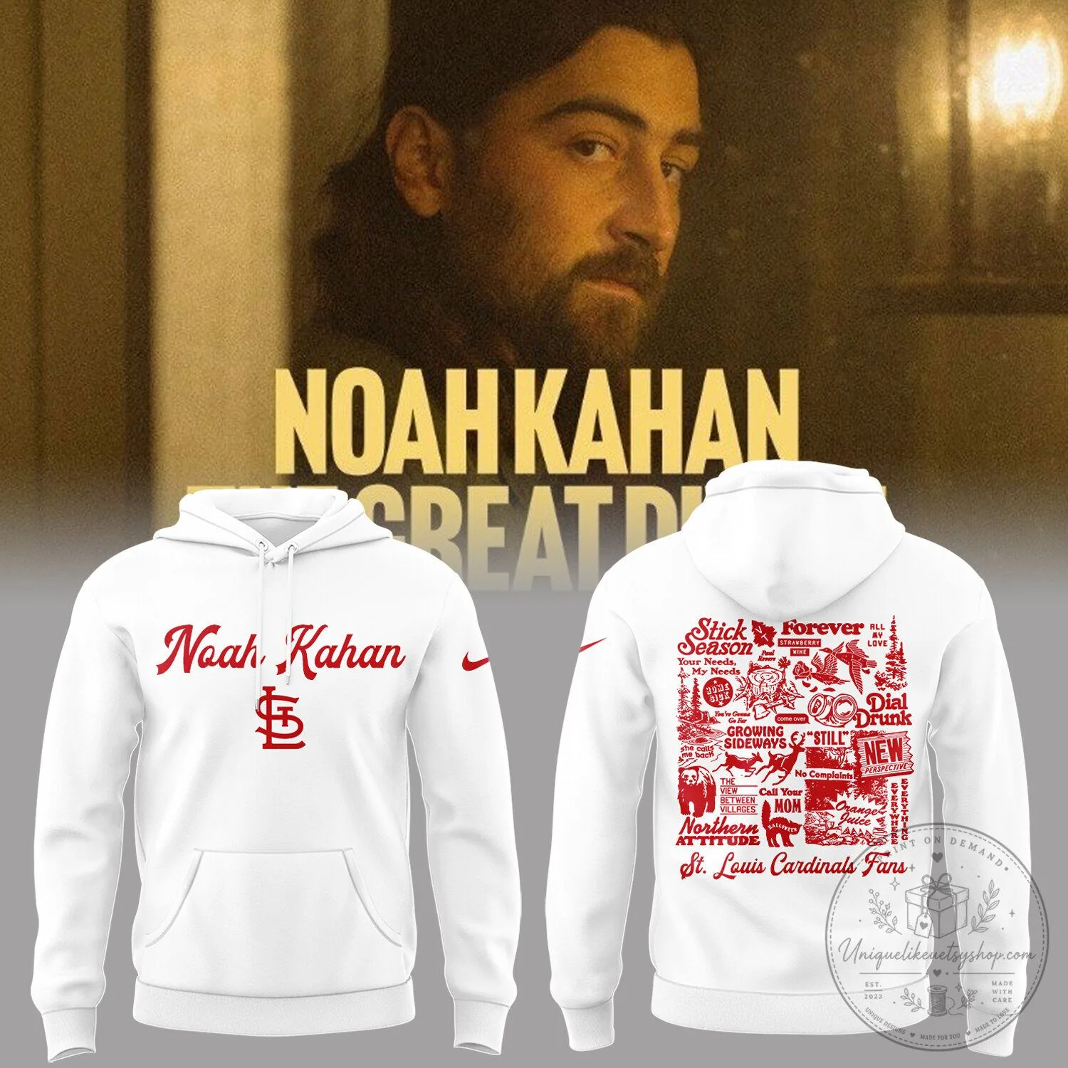 Noah Kahan Stick Season Tour St. Louis Cardinals Fans White Hoodie