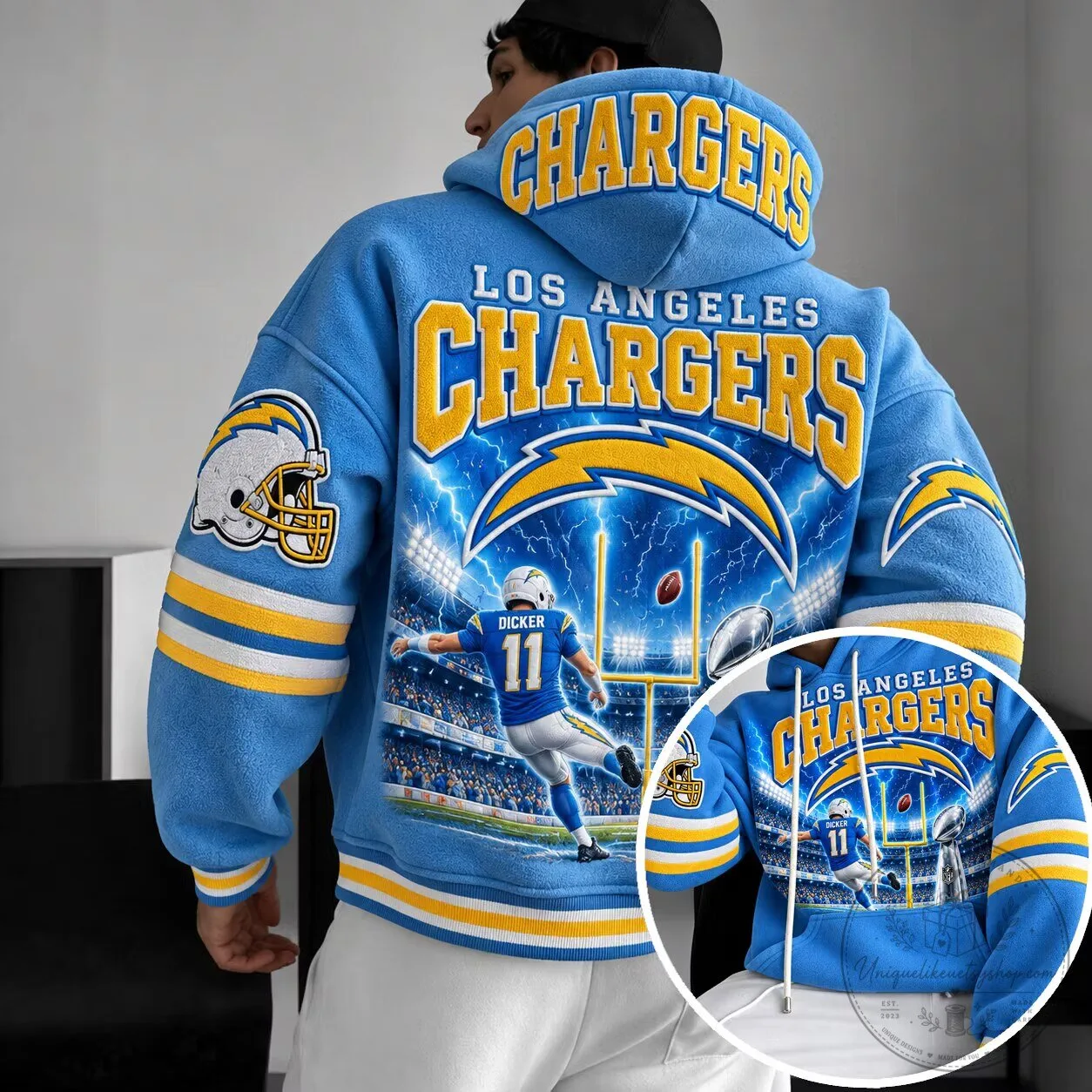 Los Angeles Chargers Football Team Blue Hoodie with Player Kicking Field Goal