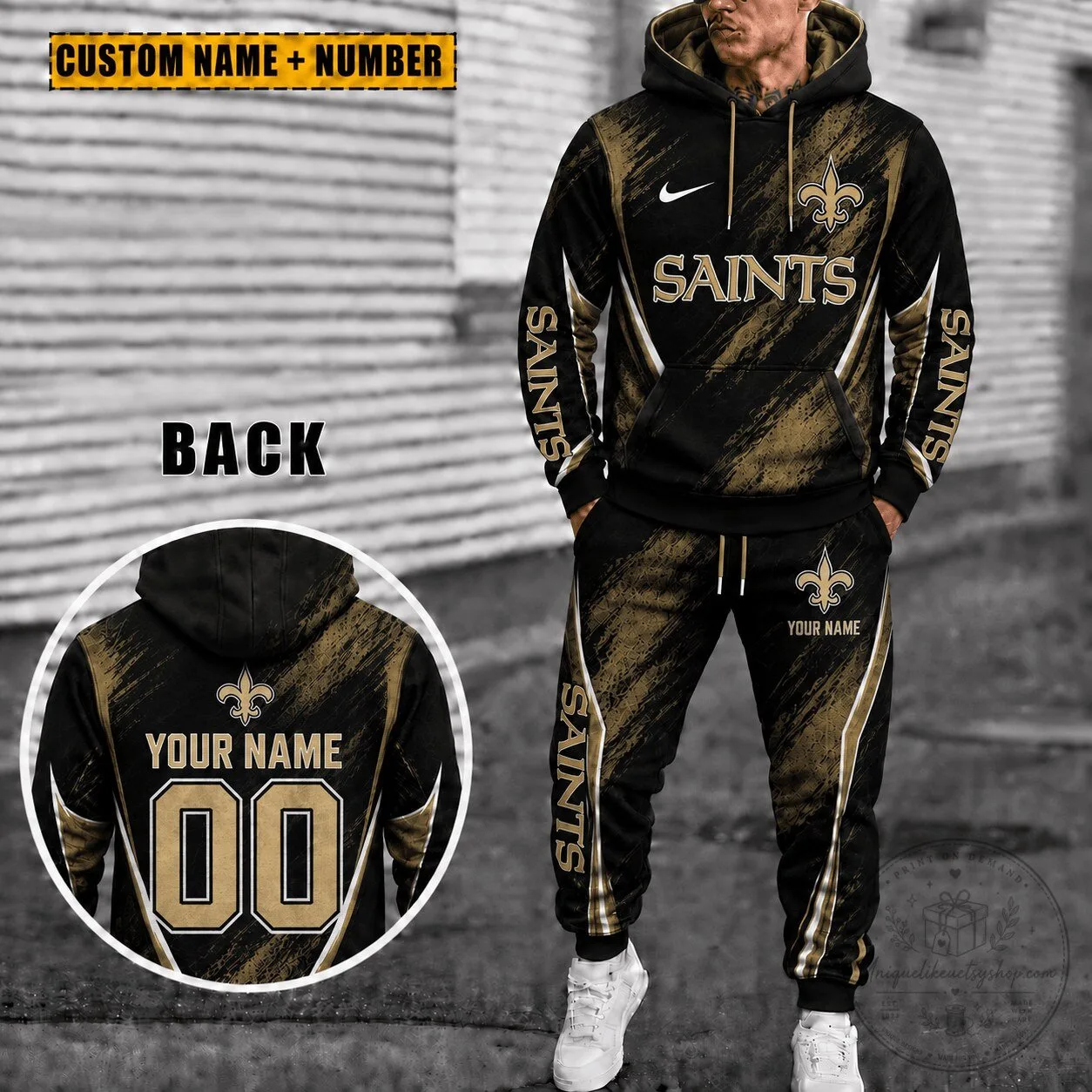 Black and Gold Hoodie with Sweatpants Set for New Orleans Saints Fans, Customizable Design