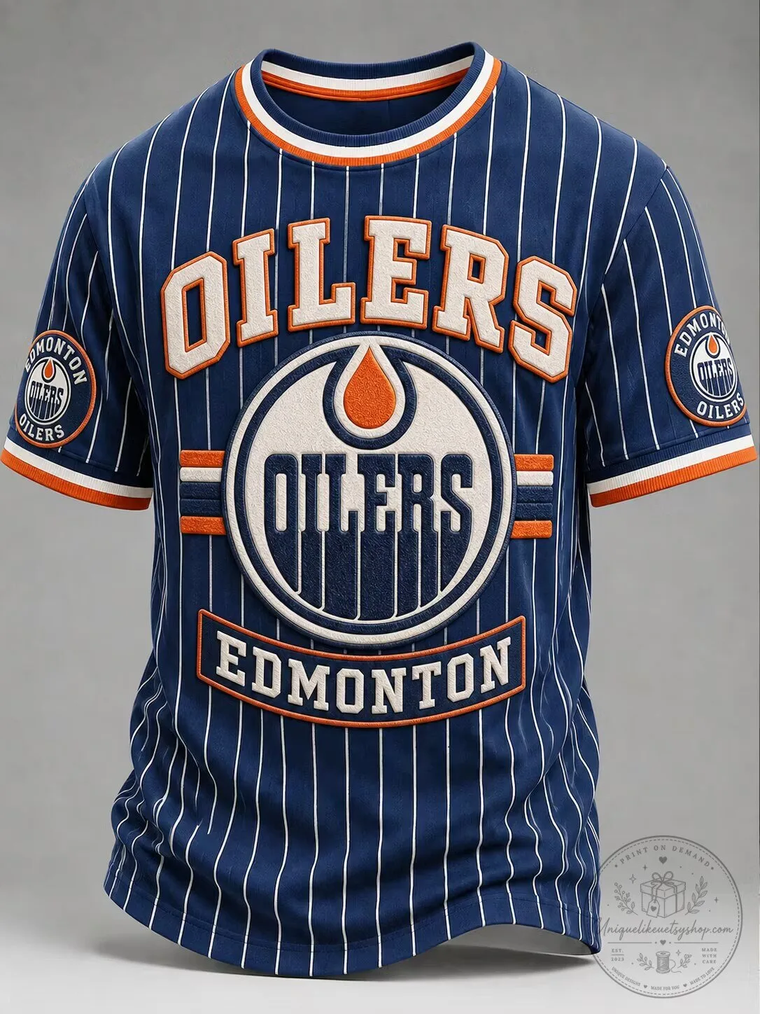 Edmonton Oilers Blue Pinstripe Baseball Jersey with Embroidered Logo