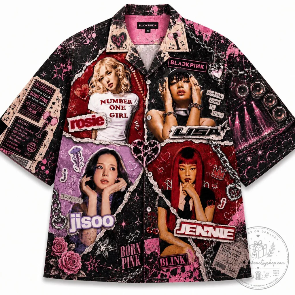 BLACKPINK Born Pink World Tour K-Pop Band Collage Hawaiian Shirt BLACKPINK Born Pink World Tour K-Pop Band Collage Hawaiian Shirt