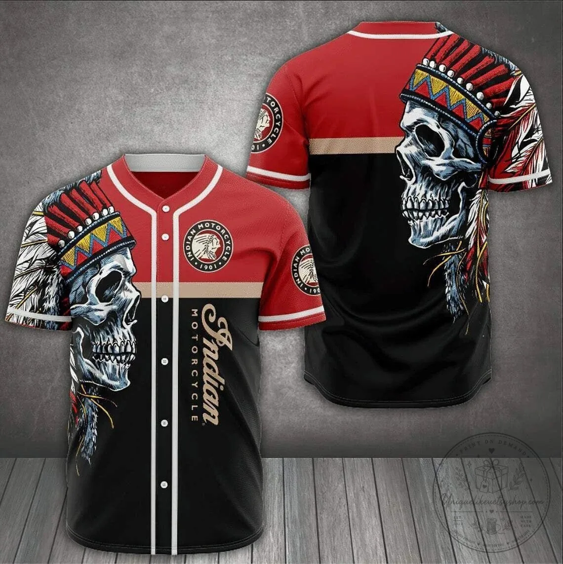 Indian Motorcycle Skull Chief Headdress Red Black Baseball Jersey