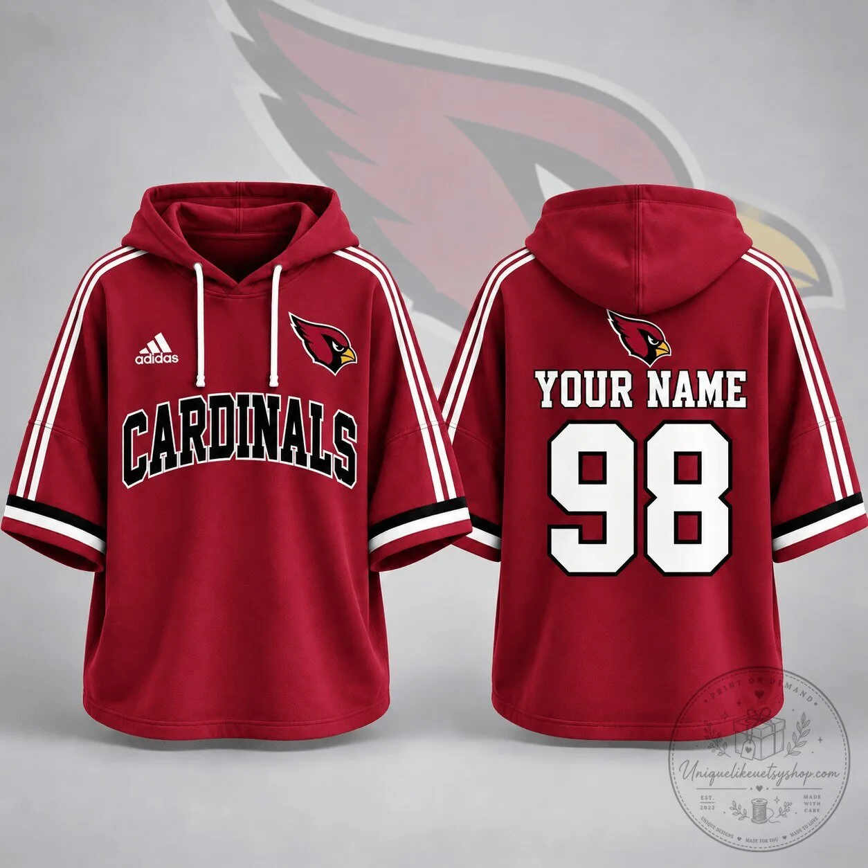 Arizona Cardinals Football Team Custom Name and Number Short Sleeve Hoodie