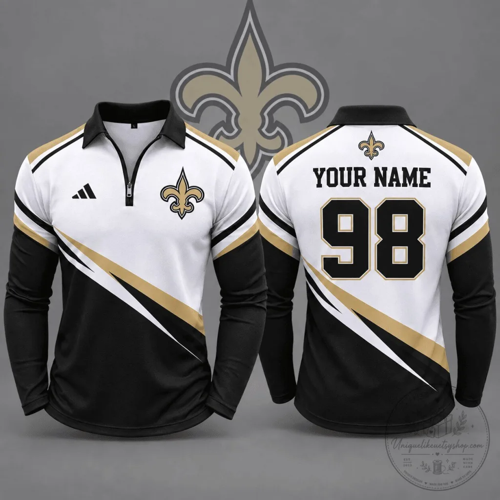 New Orleans Saints Personalized Quarter Zip Long Sleeve Polo Shirt New Orleans Saints Personalized Quarter Zip Long Sleeve Polo Shirt