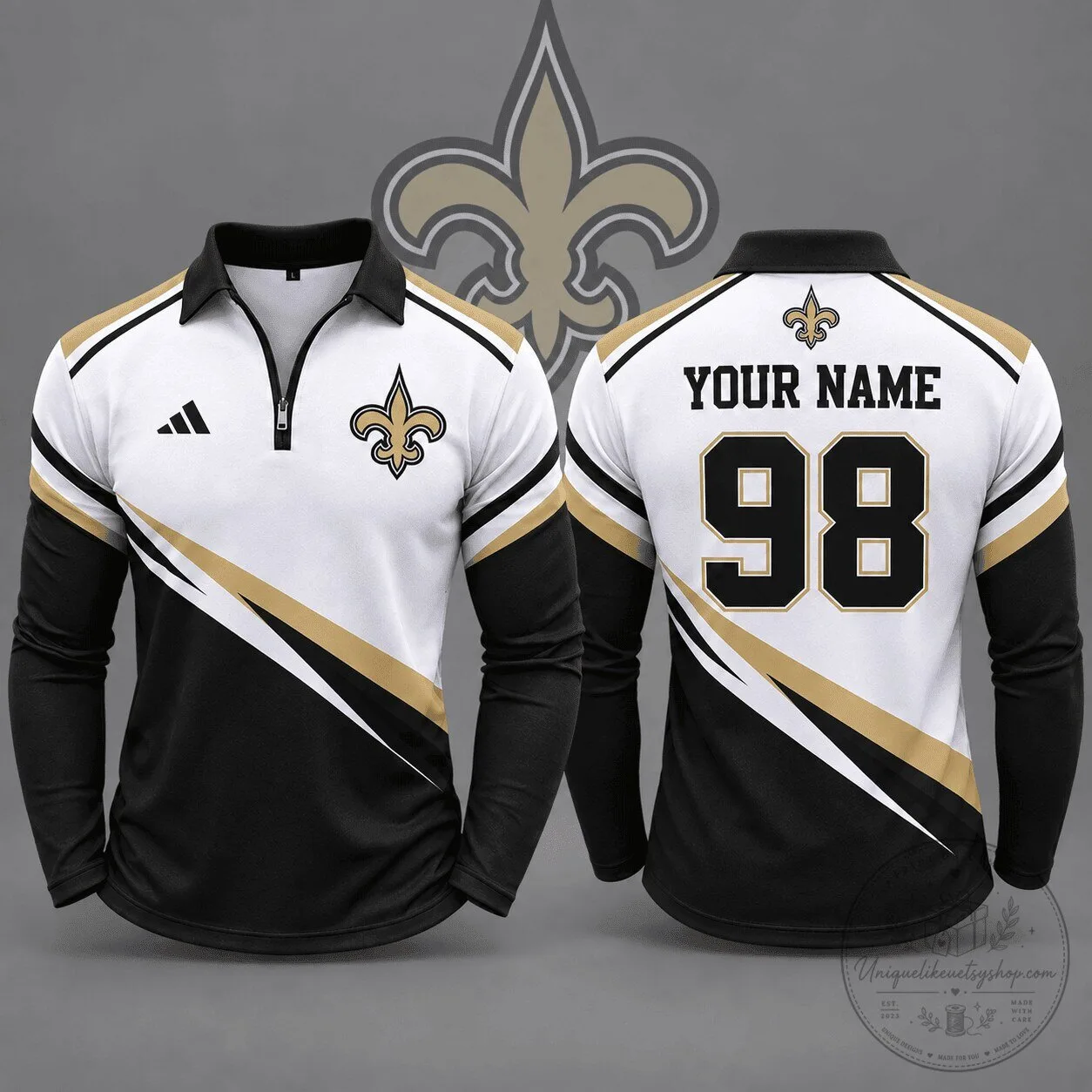 New Orleans Saints Personalized Quarter Zip Long Sleeve Polo Shirt