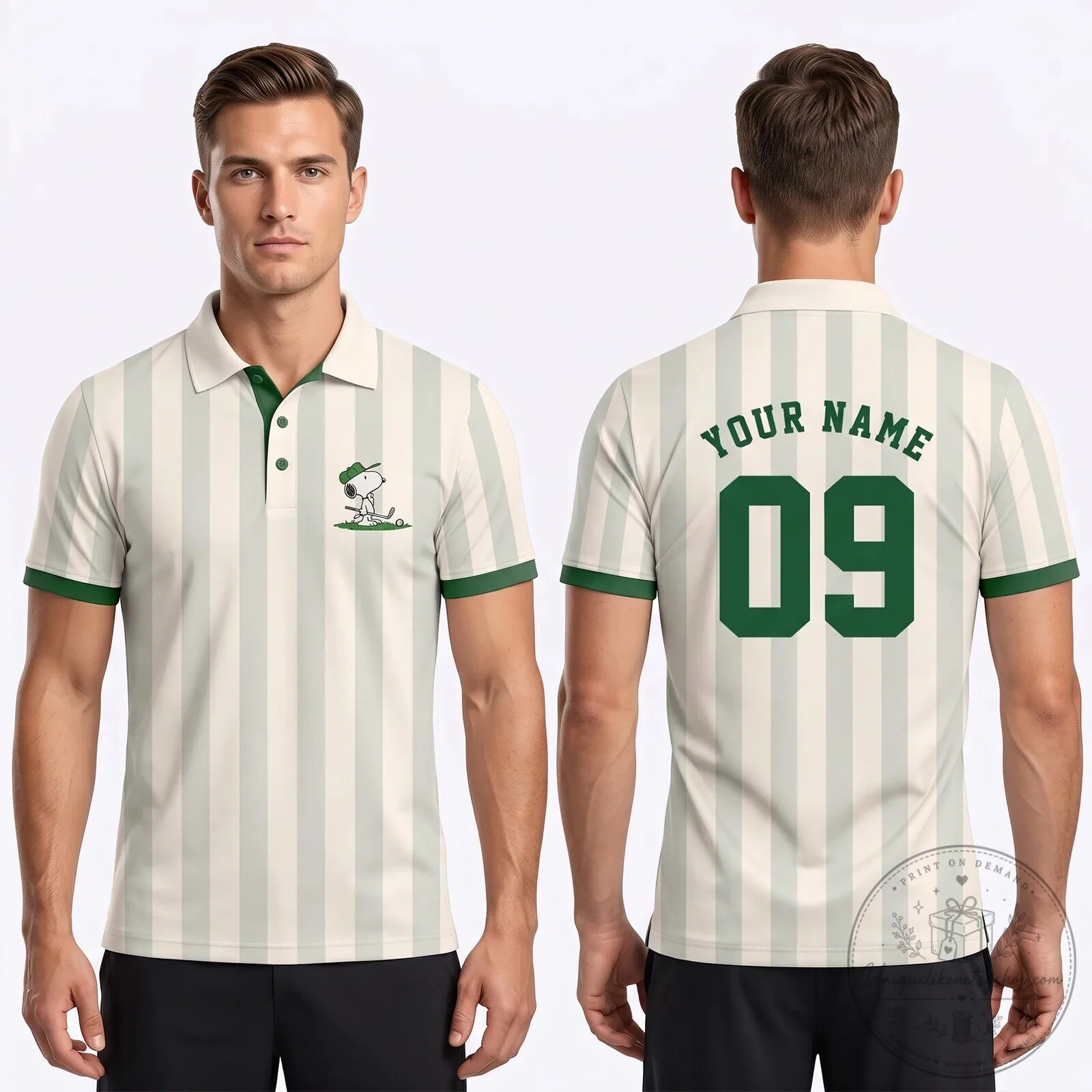 Snoopy Golf Team Green Polo Shirt - Personalized Cream Striped Golfing Top