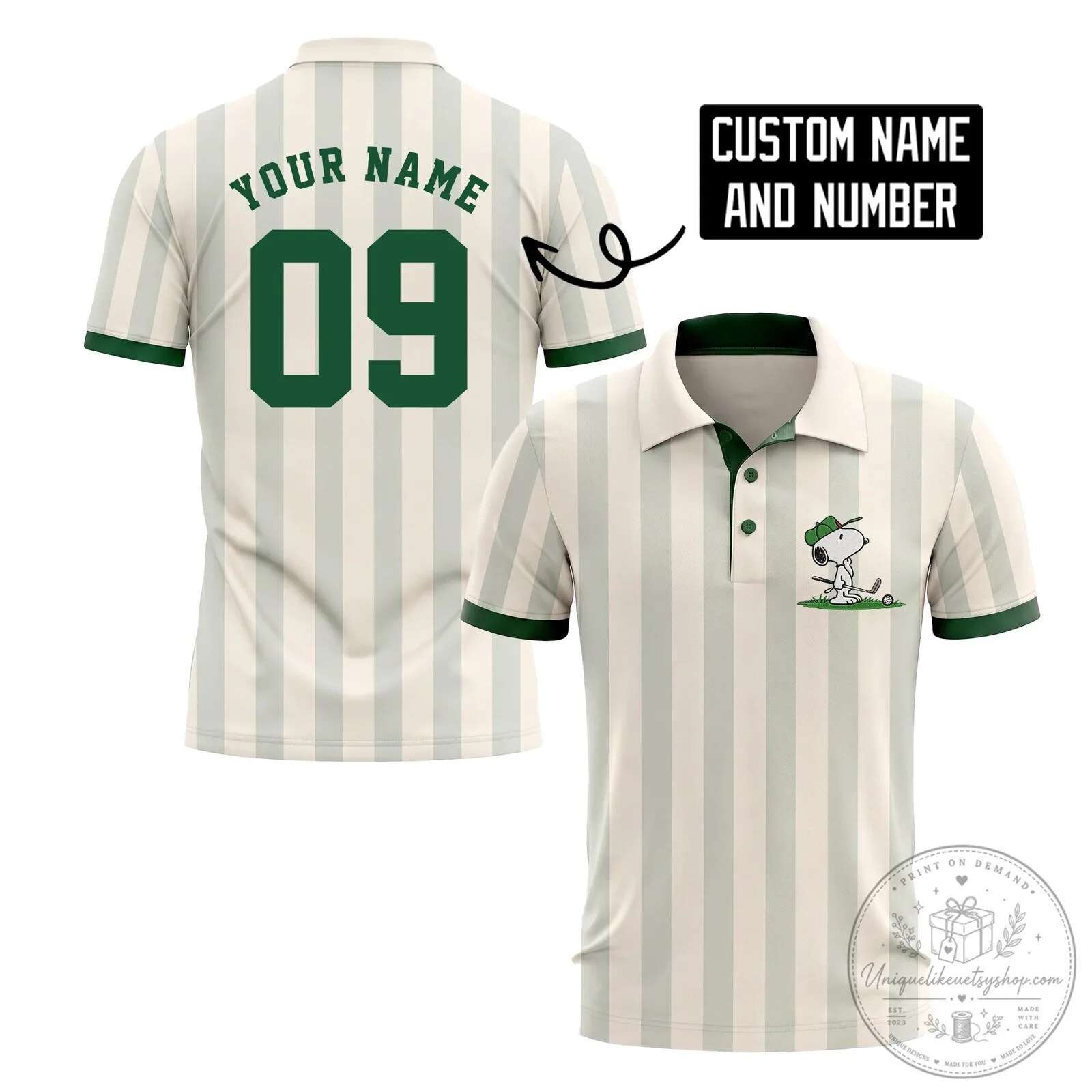 Snoopy Golf Team Green Polo Shirt - Personalized Cream Striped Golfing Top 7 Snoopy Golf Team Green Polo Shirt - Personalized Cream Striped Golfing Top