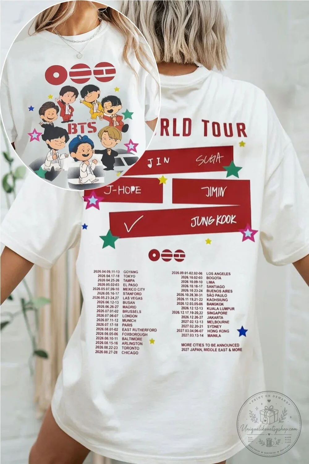 BTS World Tour Cartoon Group us army tee, K-Pop Concert Merch T-Shirt