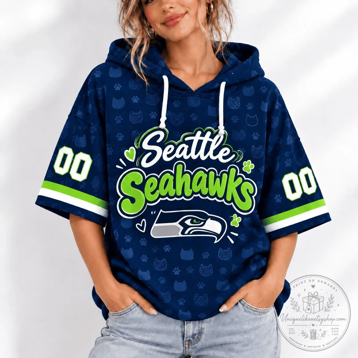 Seattle Seahawks Football Team Short Sleeve Hoodie for Women
