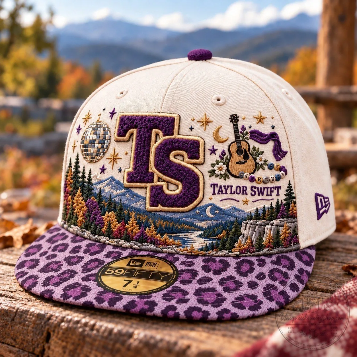 Taylor Swift Embroidered Mountain Landscape Purple Leopard Print Cap Hat