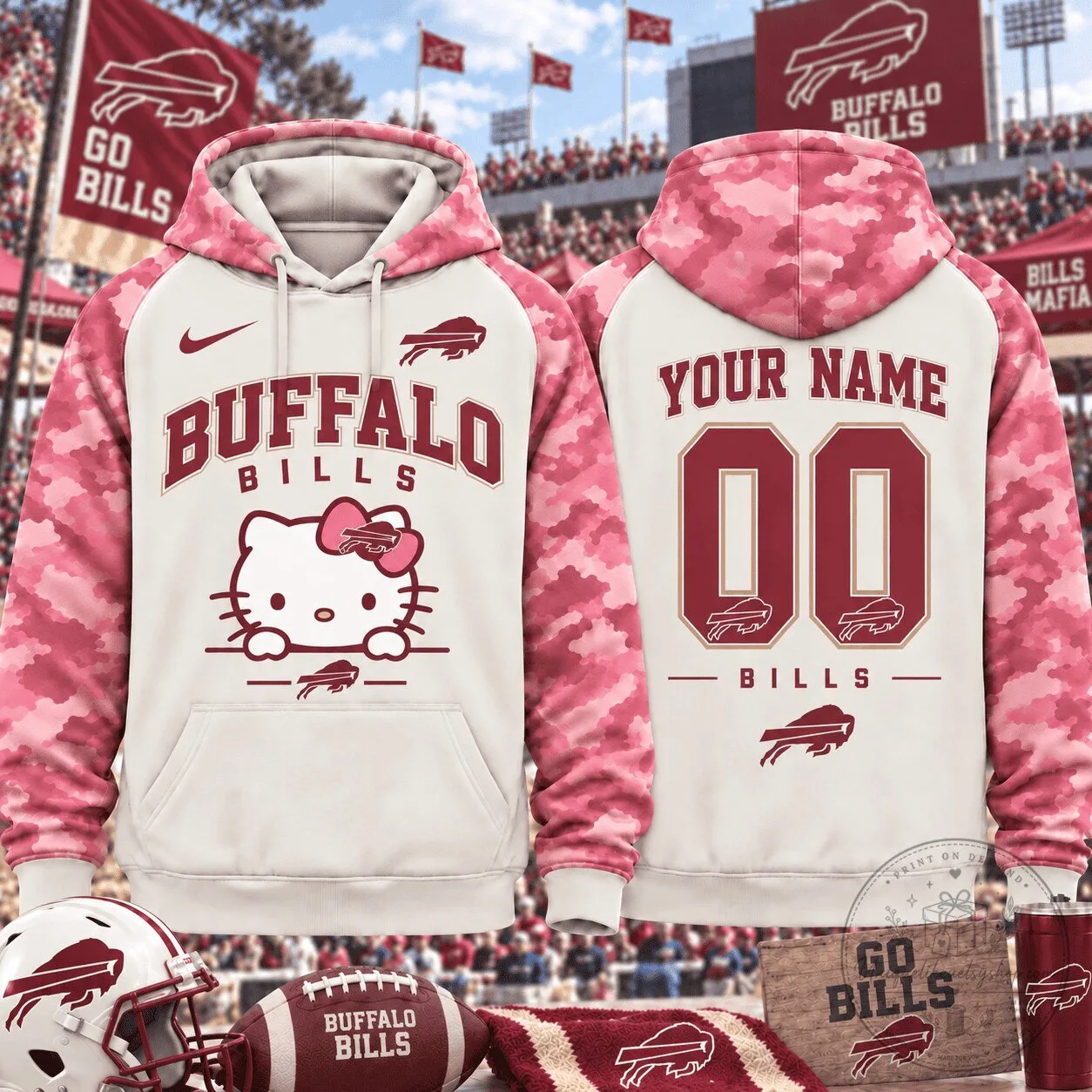 Custom Name and Number Hoodie in Pink Camouflage with Buffalo Bills and Hello Kitty Design