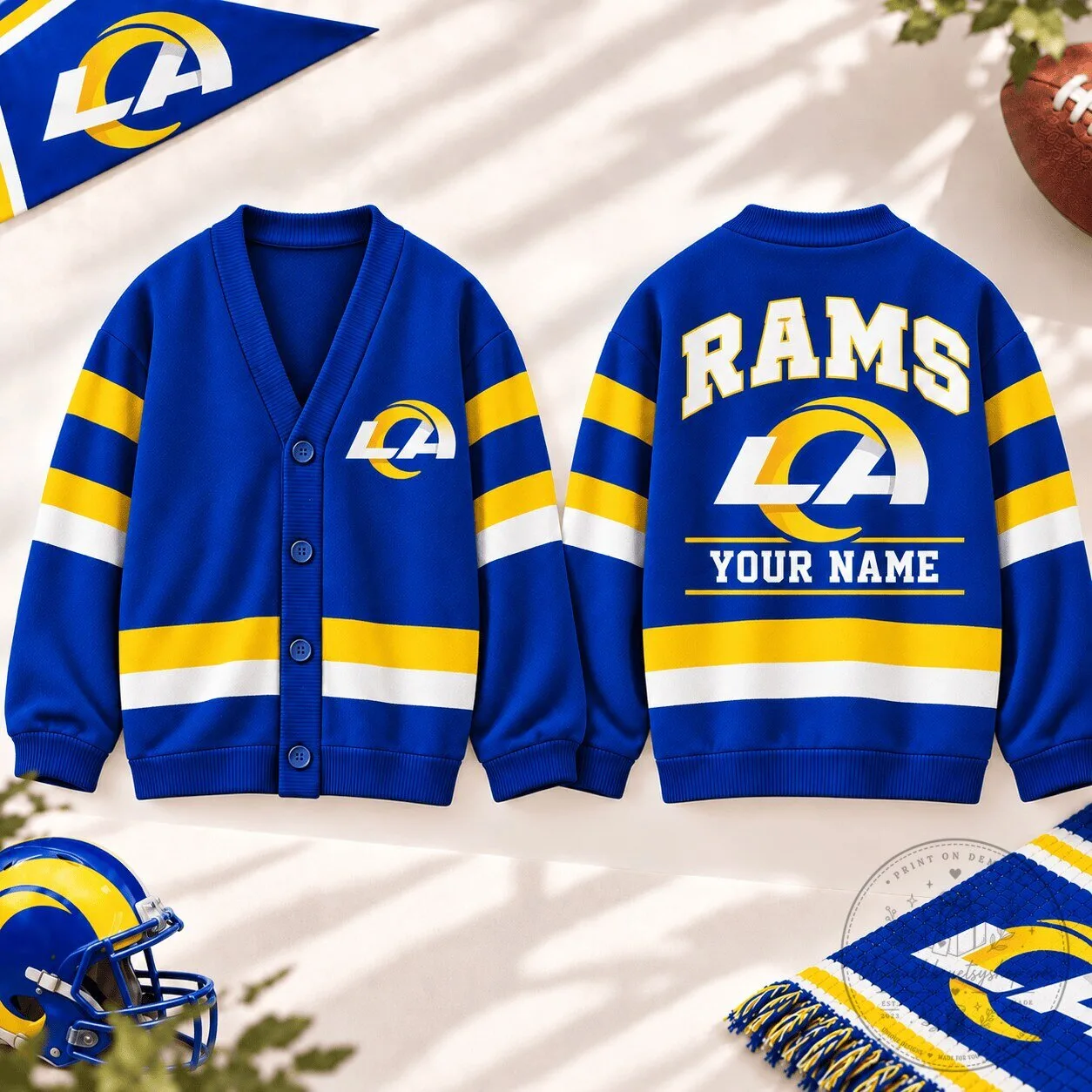 Los Angeles Rams Personalized Blue and Gold Striped V-Neck Knitted Cardigan
