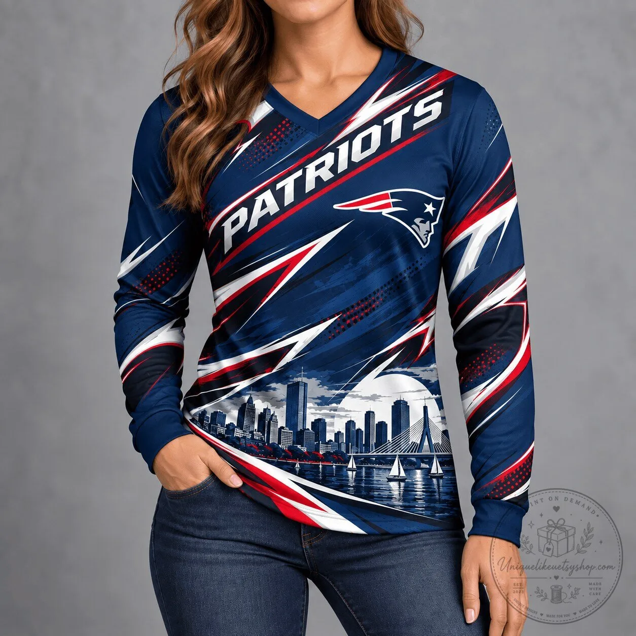 New England Patriots City Horizon V-Neck Long-Sleeve Shirt for Women