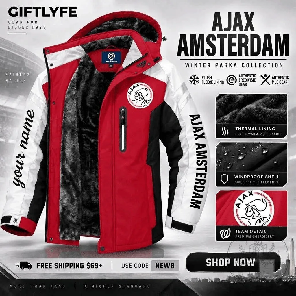 Ajax Amsterdam Eredivisie Football Club Winter Parka Jacket with Fleece Lining