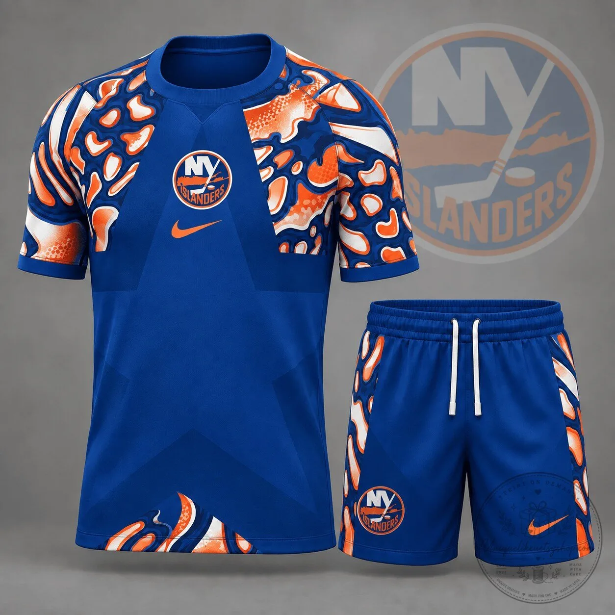 New York Islanders National Hockey League Blue and Orange Abstract Camo Panel T-Shirt and Shorts Set