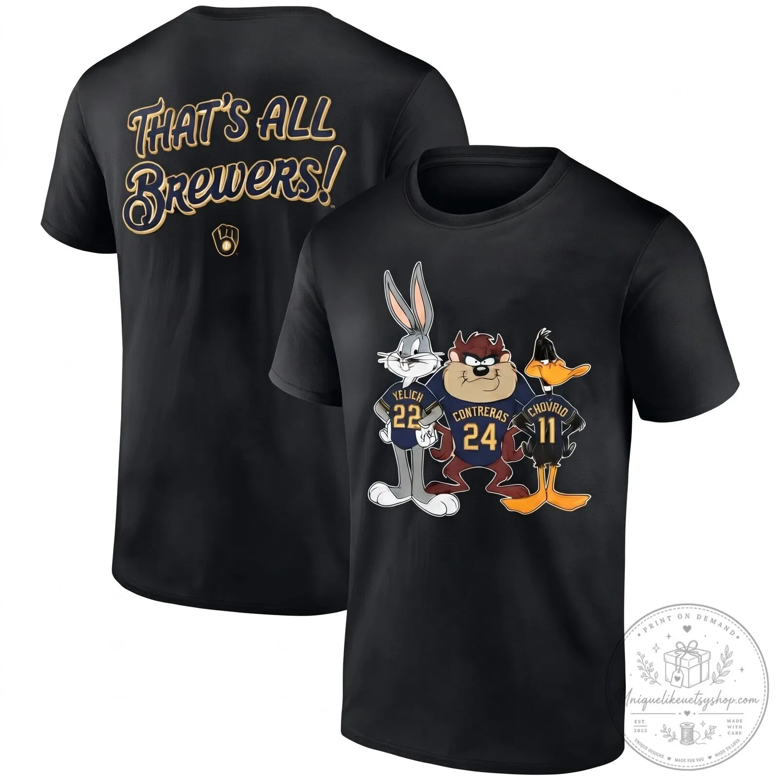 Milwaukee Brewers Looney Tunes Baseball Team Black Graphic T-Shirt