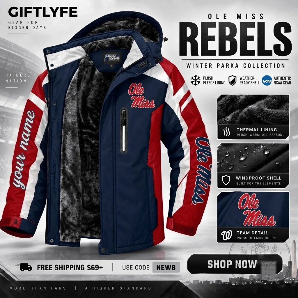 Ole Miss Rebels NCAA Winter Parka Jacket with Plush Fleece Lining