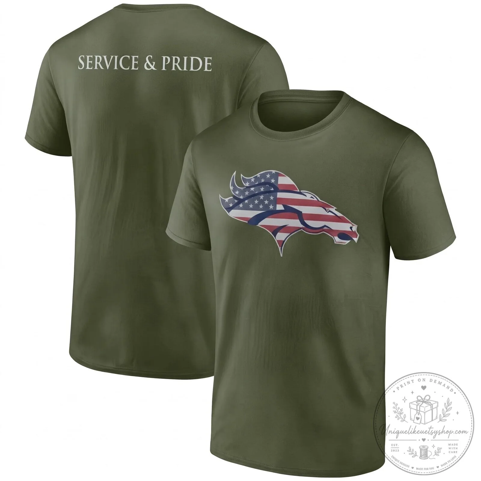 Military Green T-Shirt with American Flag Logo - Denver Broncos Salute To Service