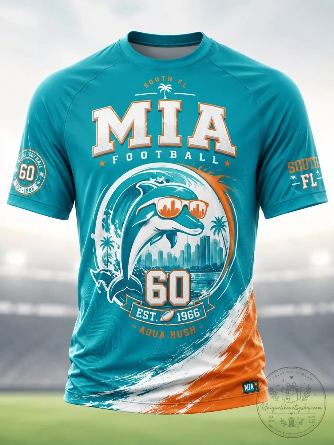 Miami Football Aqua Rush Dolphin Graphic Men's Short Sleeve T-Shirt