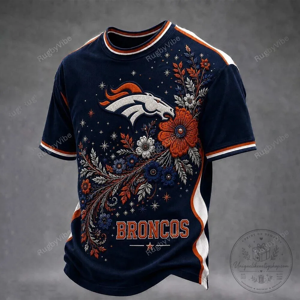 Denver Broncos Floral Embroidered Design Navy Blue Football T-Shirt