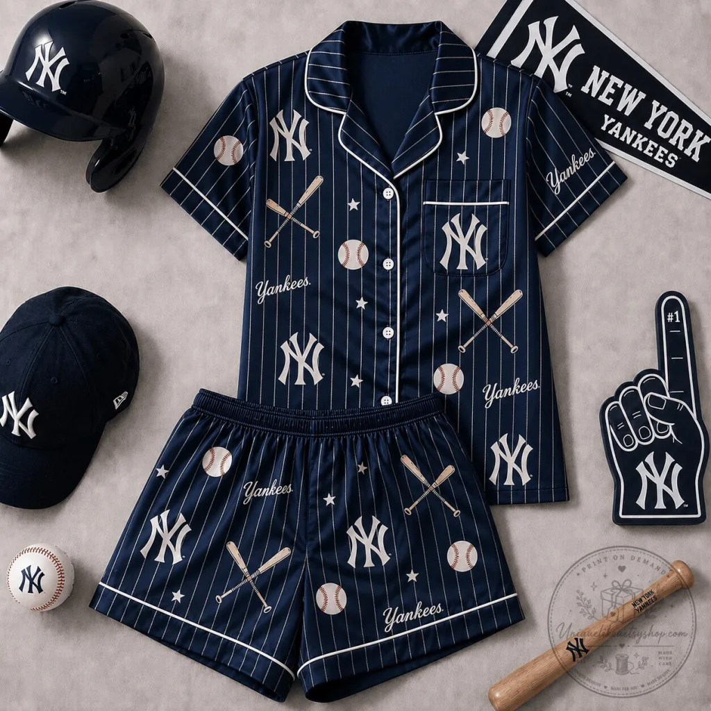 New York Yankees Baseball Satin Pajamas Set for Women New York Yankees Baseball Satin Pajamas Set for Women