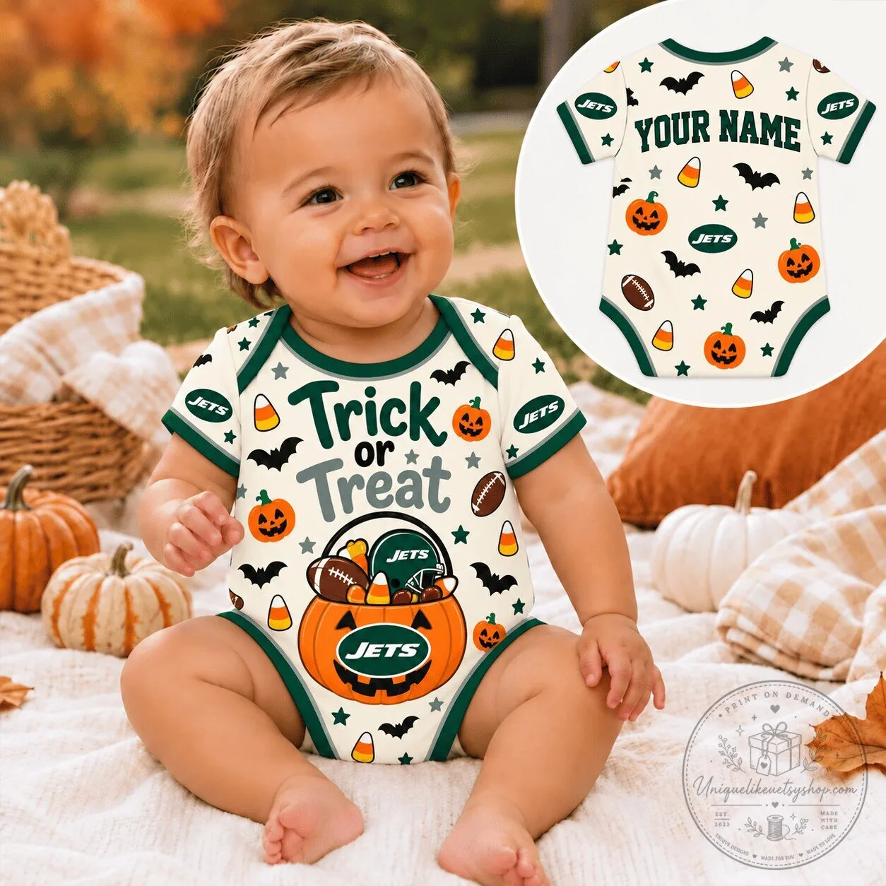 New York Jets Personalized Halloween Trick or Treat Baby Romper