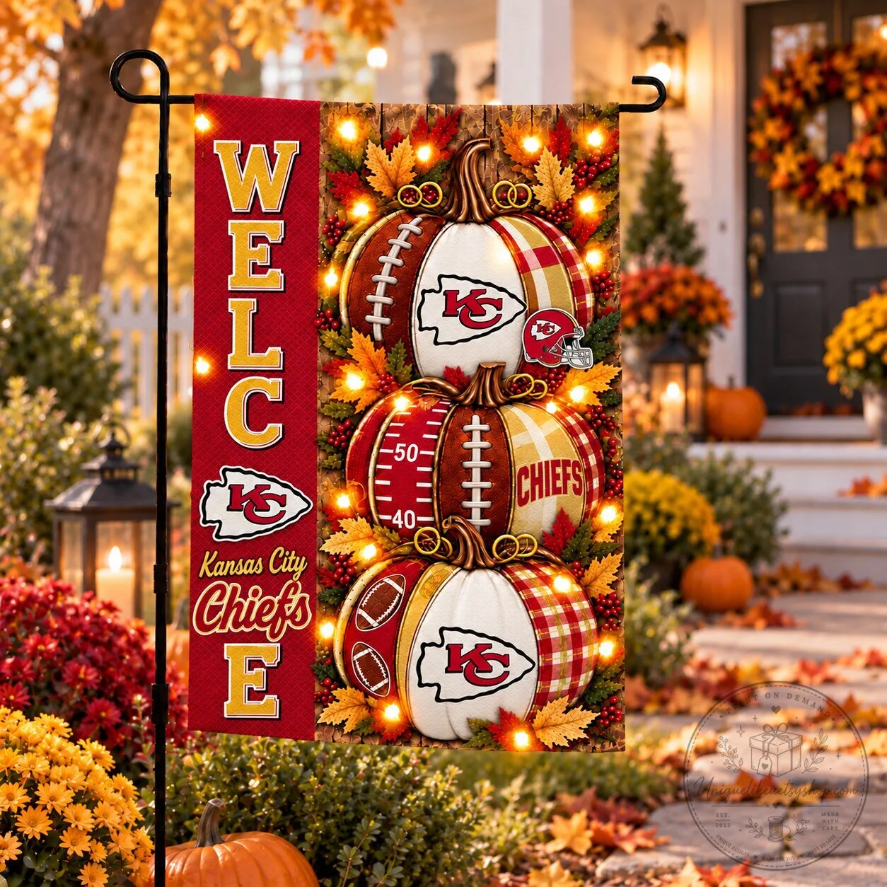 Kansas City Chiefs Halloween Welcome Pumpkins Football Autumn Garden Flag