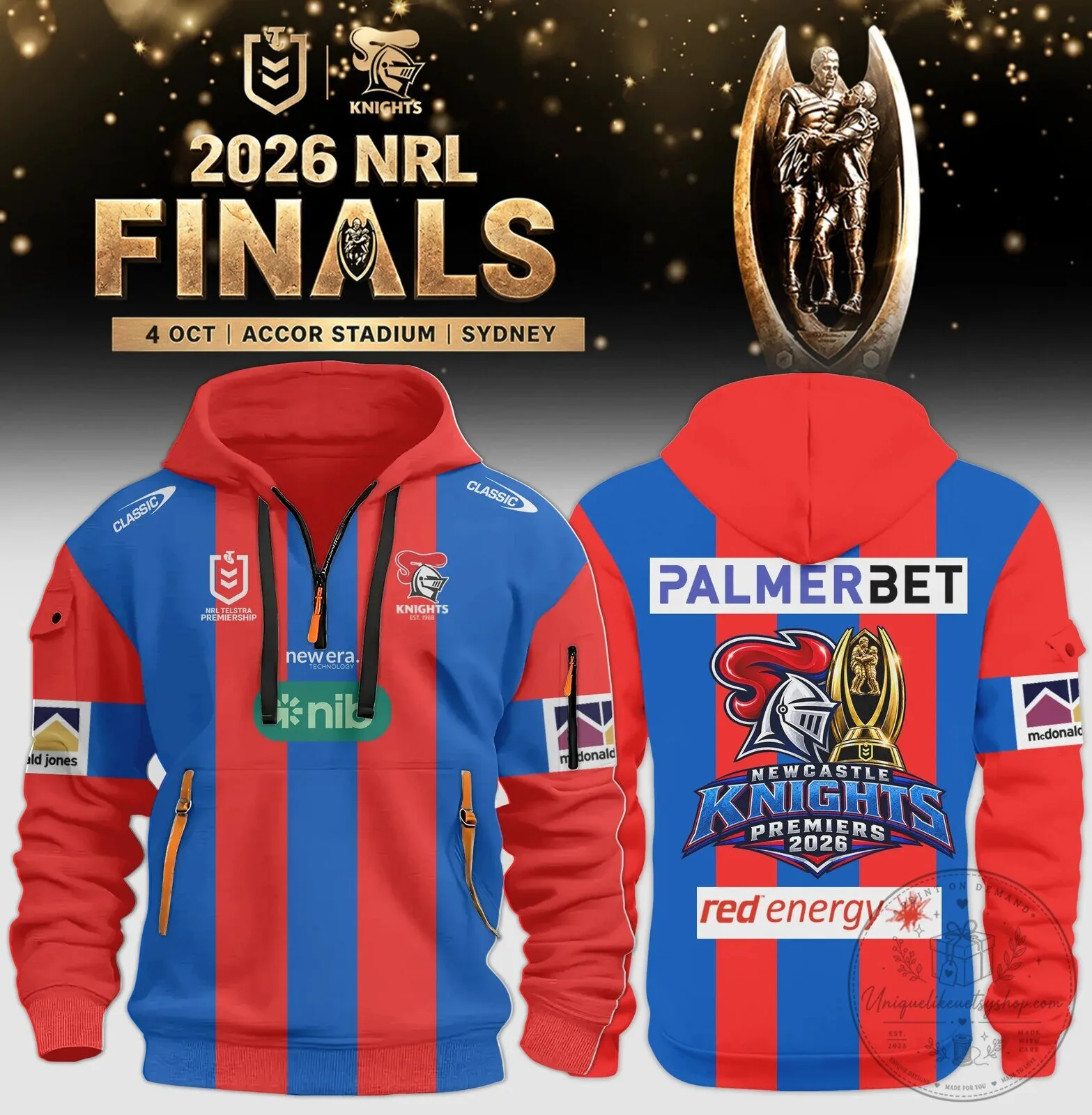 2026 NRL Premiers Full Zip Hoodie in Red and Blue for Newcastle Knights Fans