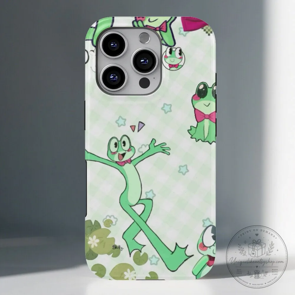 Cute Frog Cartoon Character Pattern Light Green Checkered Phone Case