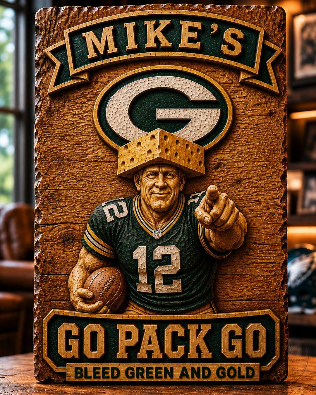 Green Bay Packers Mike's Go Pack Go Bleed Green and Gold Wooden Wall Art