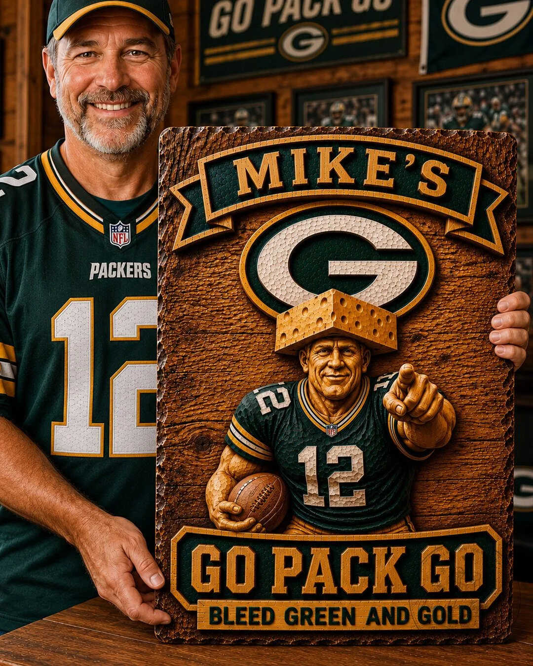 Green Bay Packers Mike's Go Pack Go Bleed Green and Gold Wooden Wall Art 5 green bay packers mike s go pack go bleed green and gold wooden wall art gallery 2