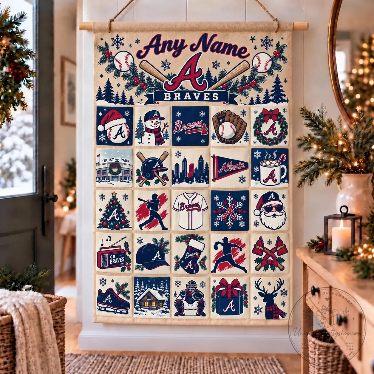 Atlanta Braves Christmas Holiday Wall Hanging Advent Calendar with Pockets
