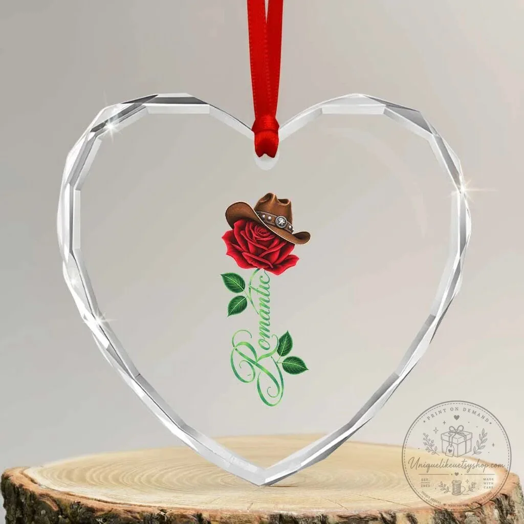 Romantic Red Rose Cowboy Hat Heart Shaped Crystal Glass Christmas Ornament