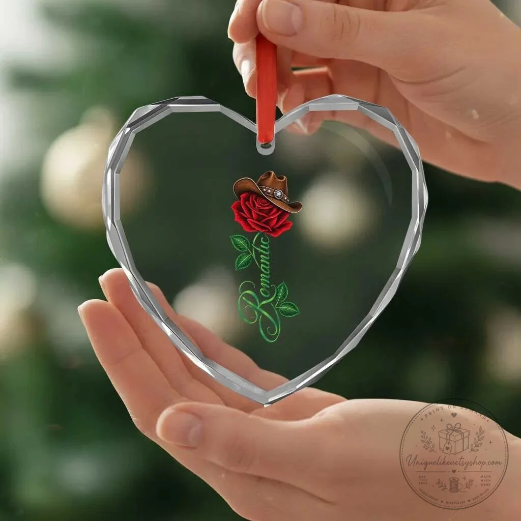 Romantic Red Rose Cowboy Hat Heart Shaped Crystal Glass Christmas Ornament 7 Romantic Red Rose Cowboy Hat Heart Shaped Crystal Glass Christmas Ornament