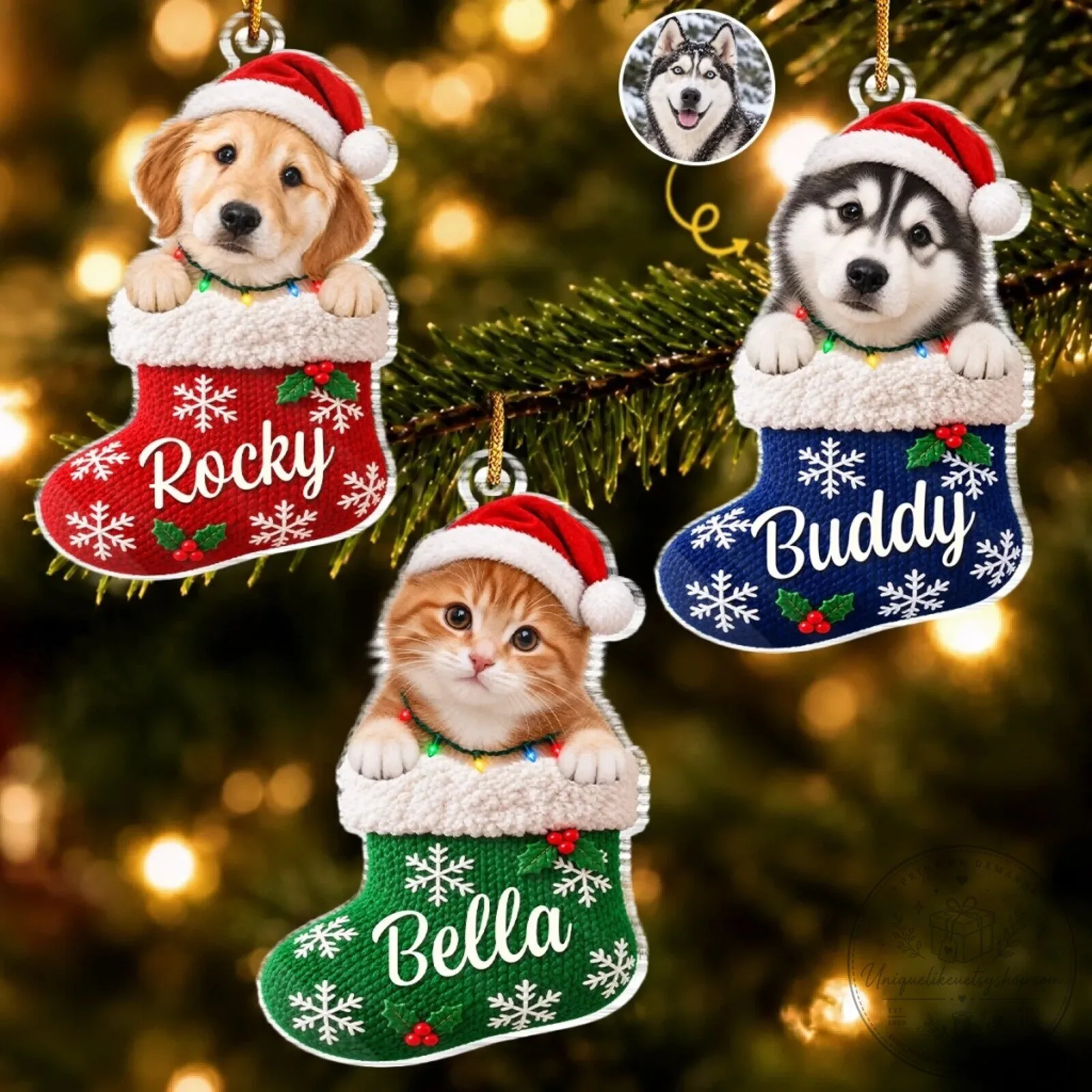 Personalized Pet Photo Christmas Stocking Ornament Custom Dog Cat Name Gift