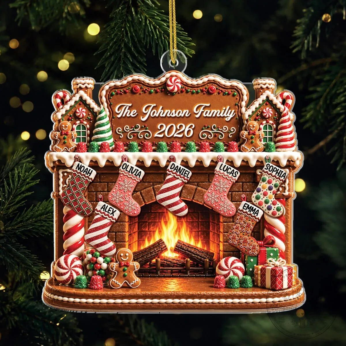 Personalized Gingerbread Fireplace Christmas Family Stockings Acrylic Ornament