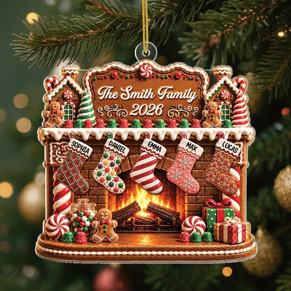 Personalized Gingerbread Fireplace Christmas Family Stockings Acrylic Ornament 7 Personalized Gingerbread Fireplace Christmas Family Stockings Acrylic Ornament