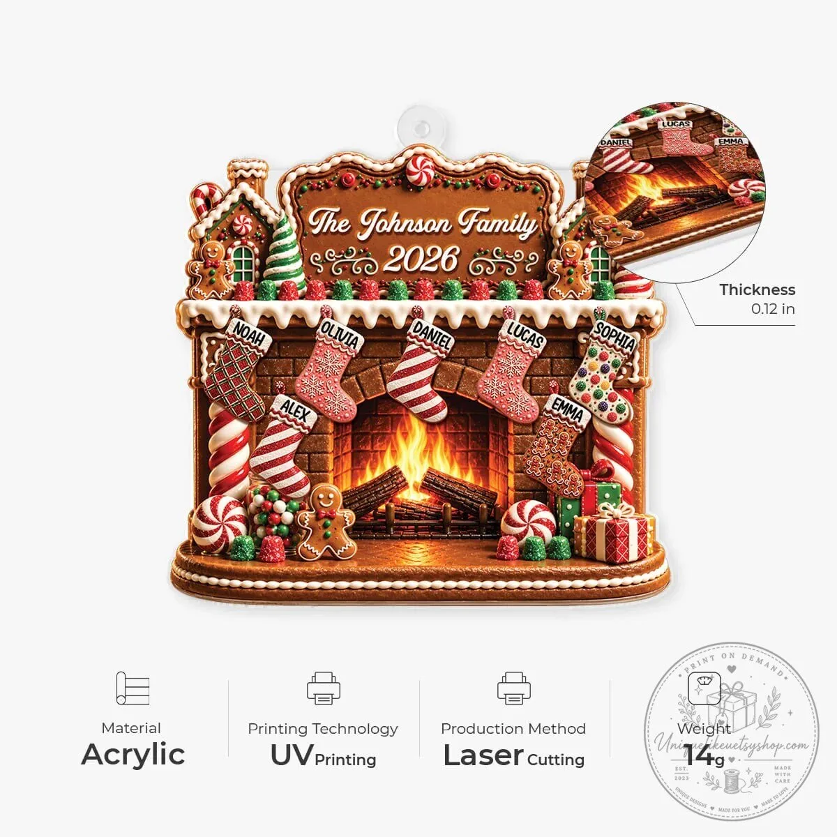 Personalized Gingerbread Fireplace Christmas Family Stockings Acrylic Ornament 8 Personalized Gingerbread Fireplace Christmas Family Stockings Acrylic Ornament