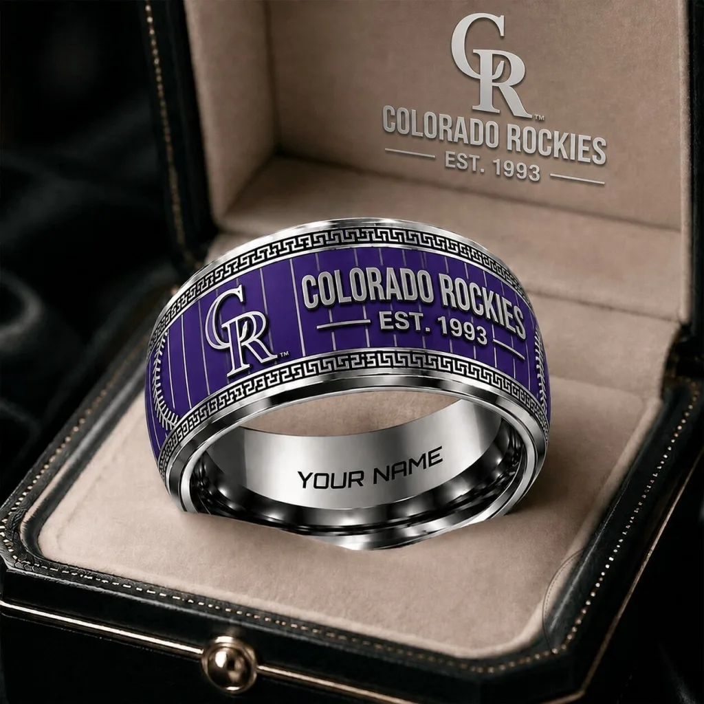 Colorado Rockies Baseball Team Tungsten Ring Engraved with Team Logo and Established Date Colorado Rockies Baseball Team Tungsten Ring Engraved with Team Logo and Established Date