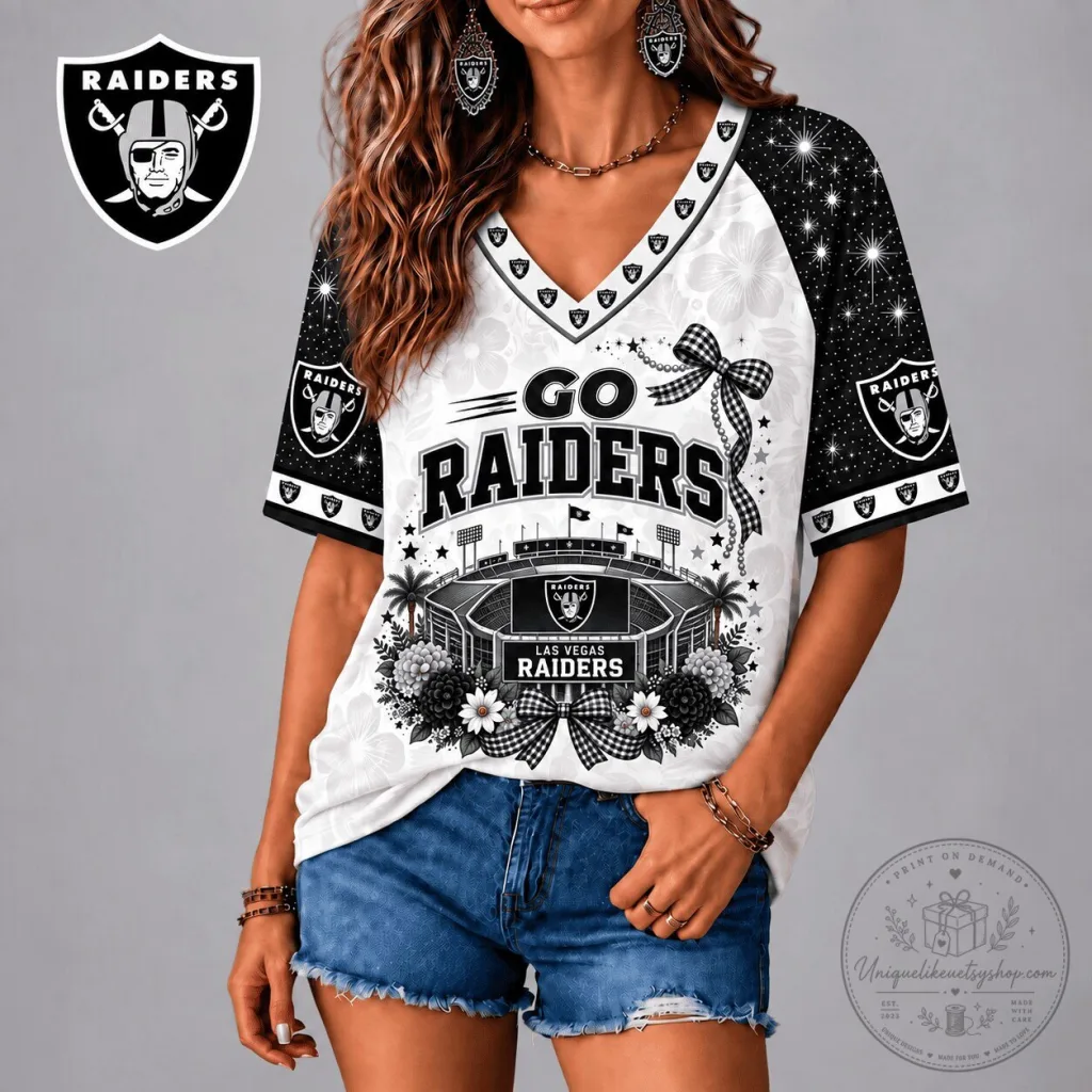 Las Vegas Raiders NFL Football Team Floral Bow V-Neck T-Shirt 48 Las Vegas Raiders NFL Football Team Floral Bow V-Neck T-Shirt