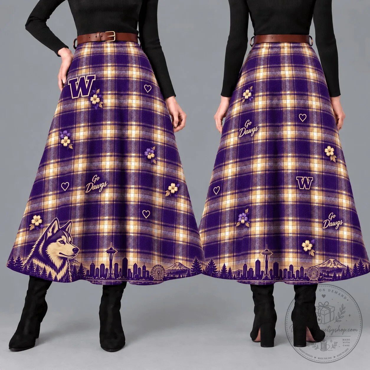 Washington Huskies Women's Purple Plaid Skirt with Seattle Skyline Design