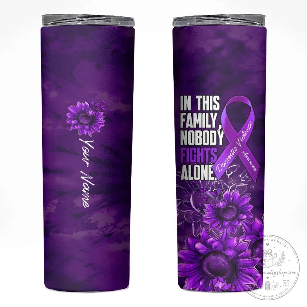 Sunflower Tumbler Featuring Purple Ribbon for Domestic Violence Awareness: Nobody Fights Alone