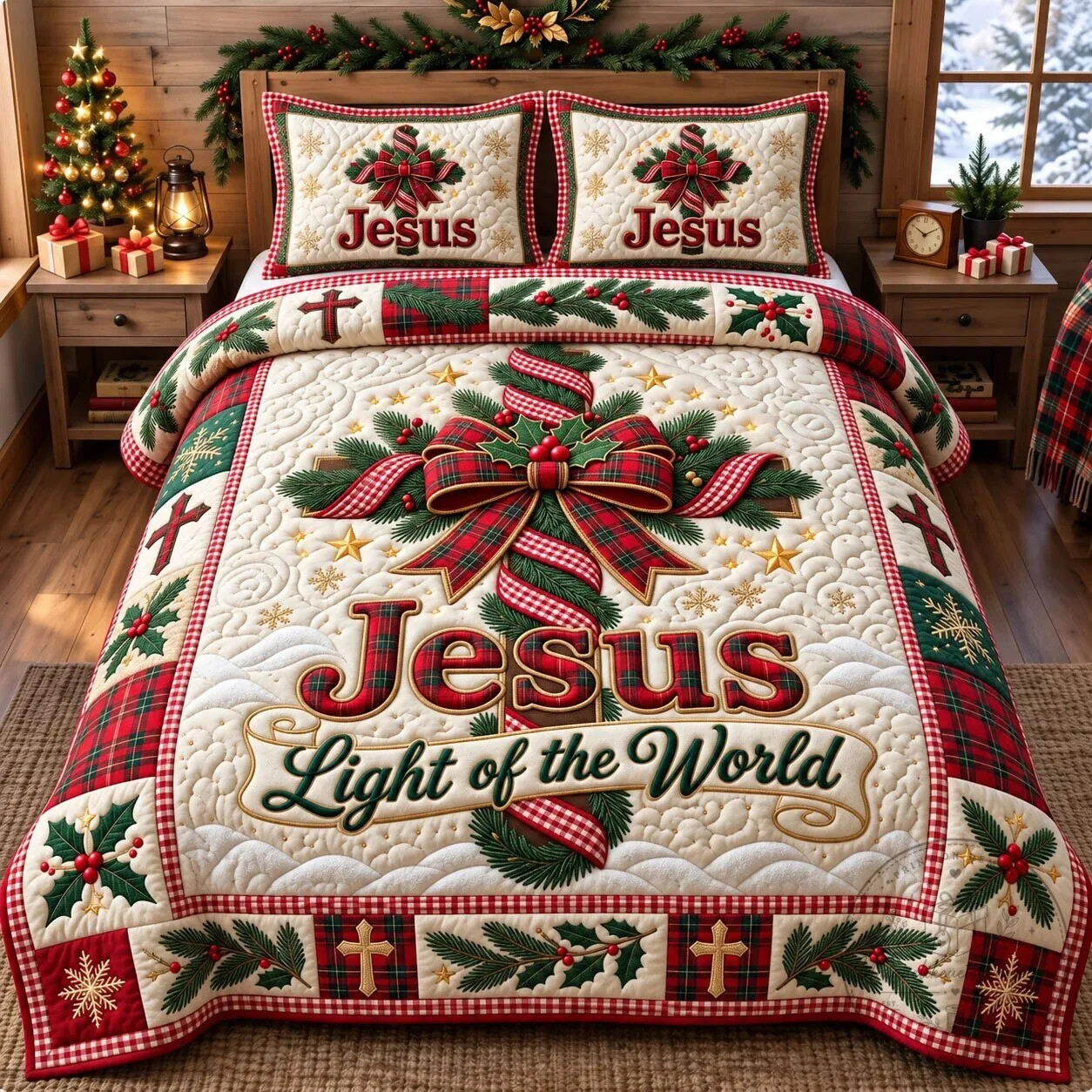 Christmas Christian Jesus Light of the World Quilted Bedding Set