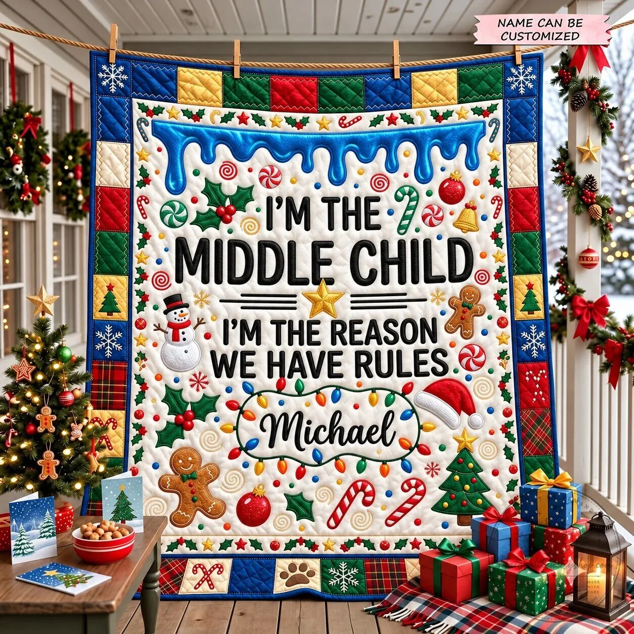 Personalized Middle Child Christmas Holiday Quilted Blanket