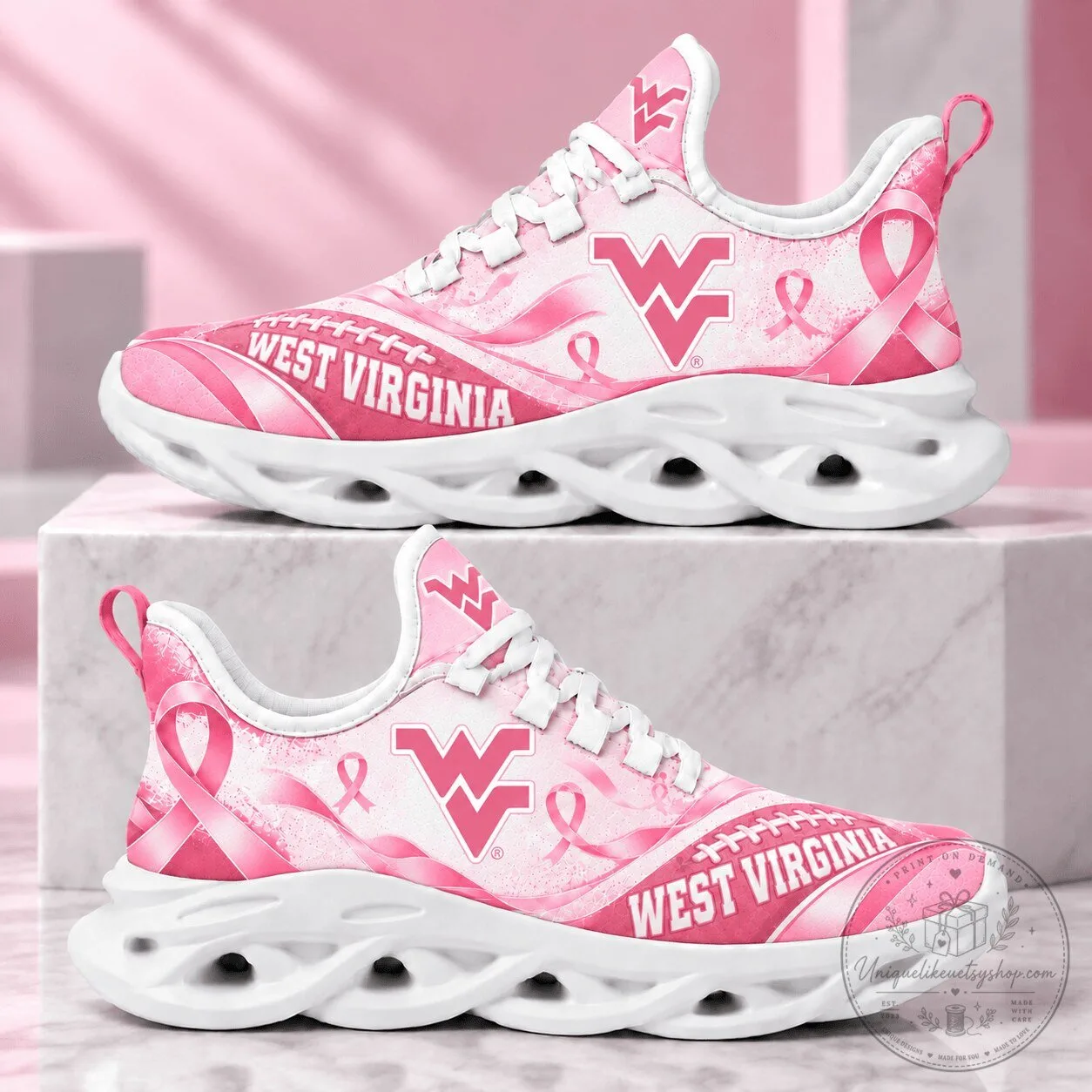 West Virginia Mountaineers Breast Cancer Awareness Pink Ribbon Sneakers