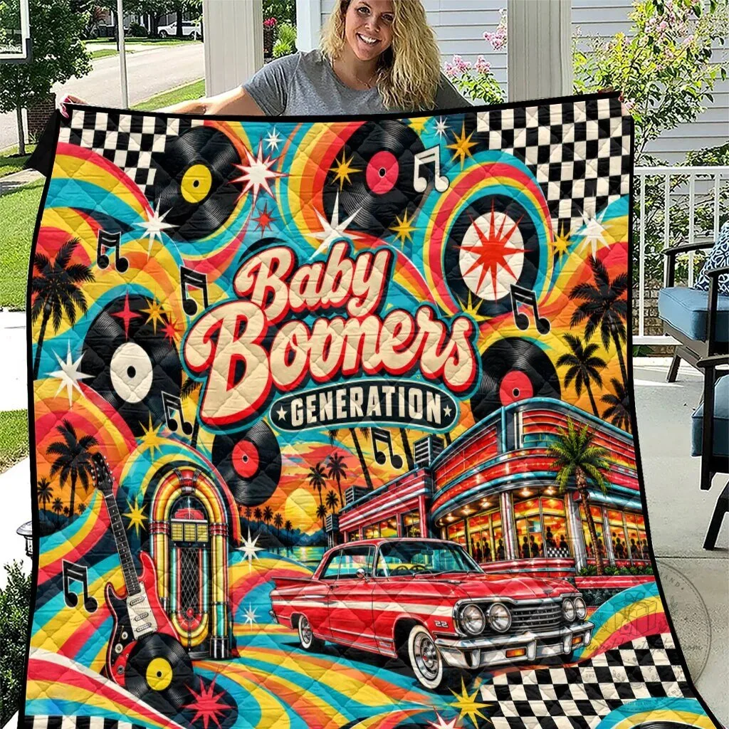 Vintage Quilt Featuring Classic Cars and Vinyl Records for Baby Boomers