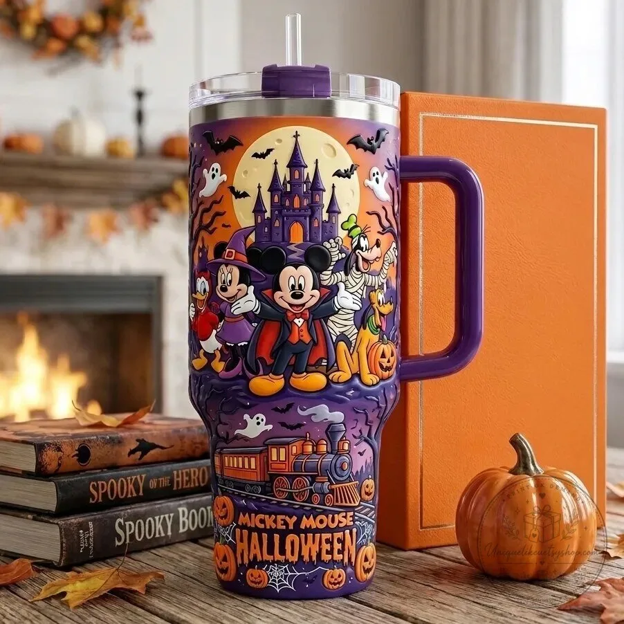Mickey Mouse Halloween Castle Spooky Friends Purple Tumbler with Handle